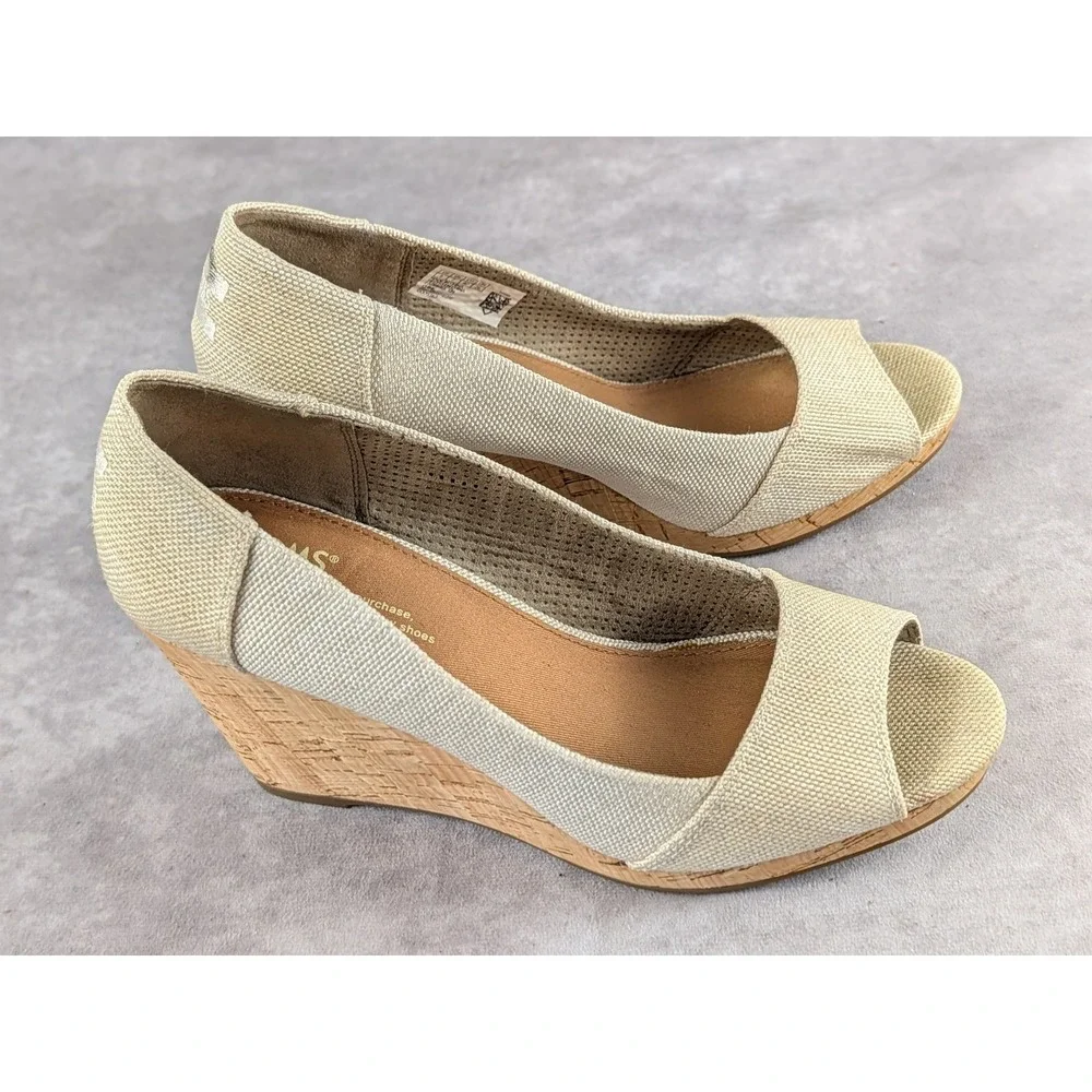 TOMS Womens Peep Toe Wedge Heels Oatmeal Canvas Cork Platform Size 9 10009767